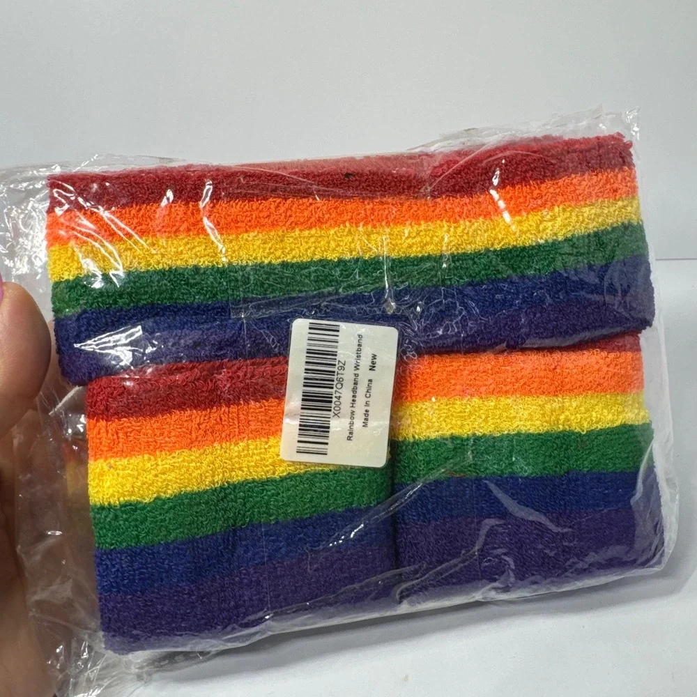 Rainbow‎ Striped Terry Cloth Sweatband Set Headband and Wristbands 6 Piece New